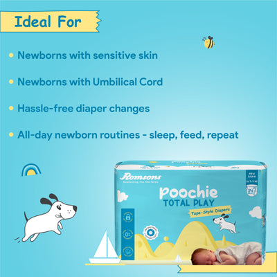 Romsons Poochie Total Play Newborn Tape Style Baby Diapers