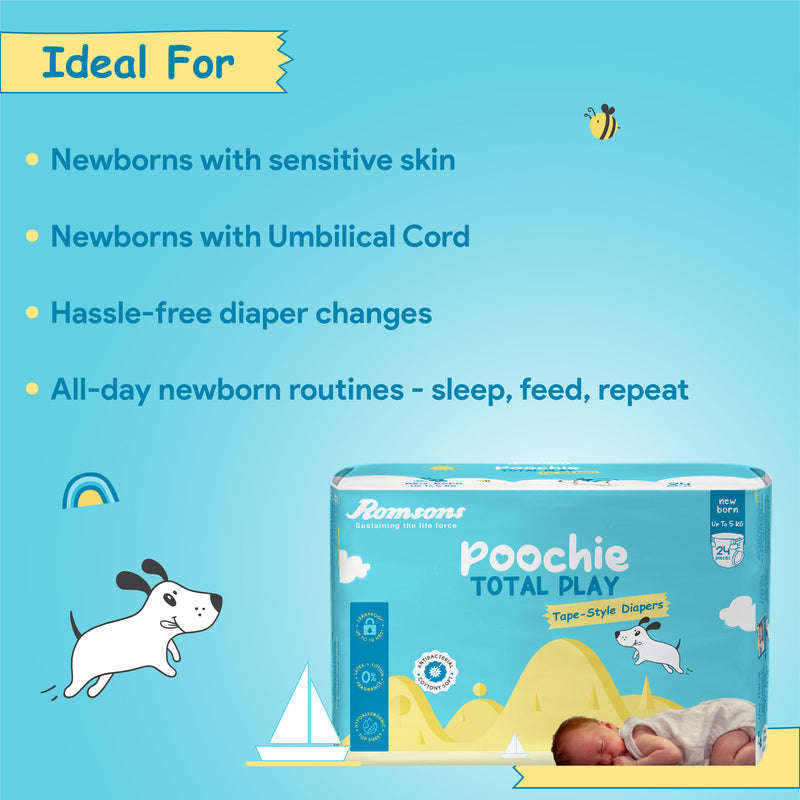 Romsons Poochie Total Play Newborn Tape Style Baby Diapers