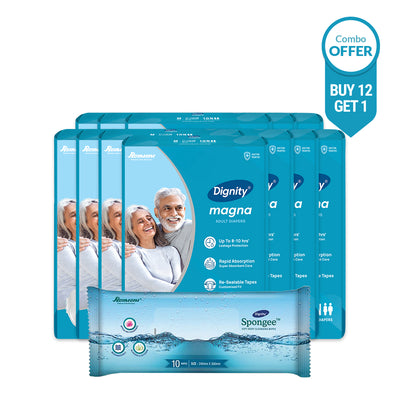 Dignity Magna Adult Diapers With Spongee Body Wipes ( Tape Style )